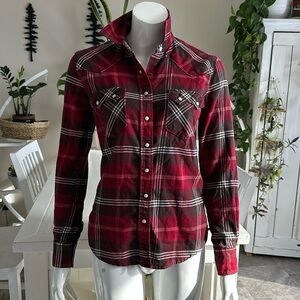 Crew girl Ladies western pearl snap button down shirt plaid red/brown XS EUC